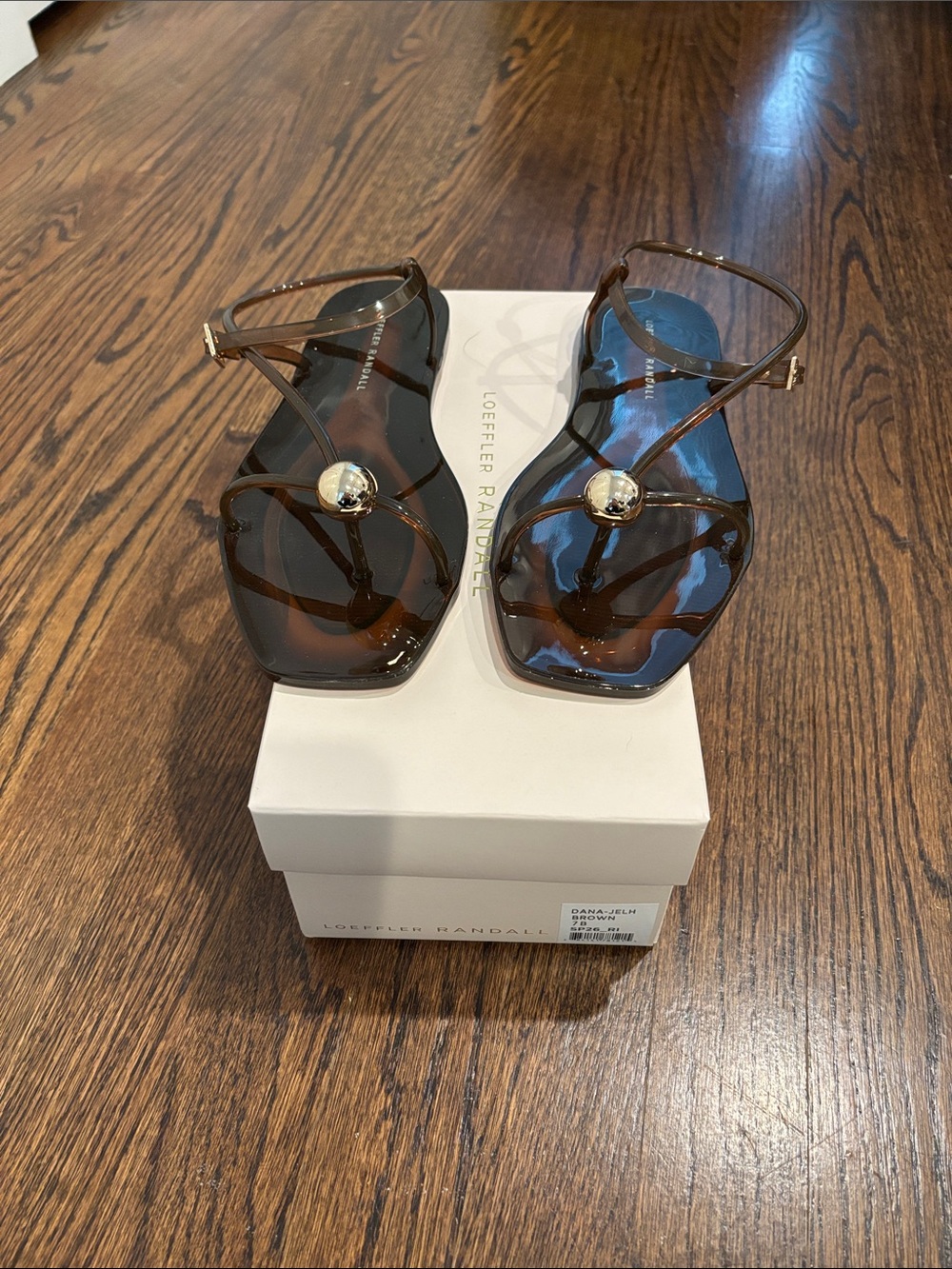 Loeffler Randall Brown Jelly Strappy Thong Sandals with Gold Accent size 7